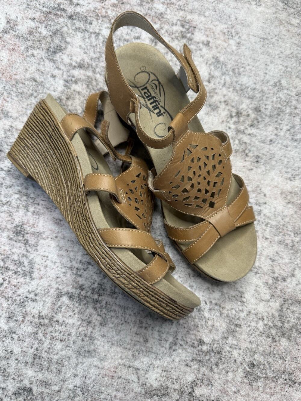 Umberto Raffini Orchid Sandal Brown Leather Wedges Shoes Size 7.5 Boho Comfort